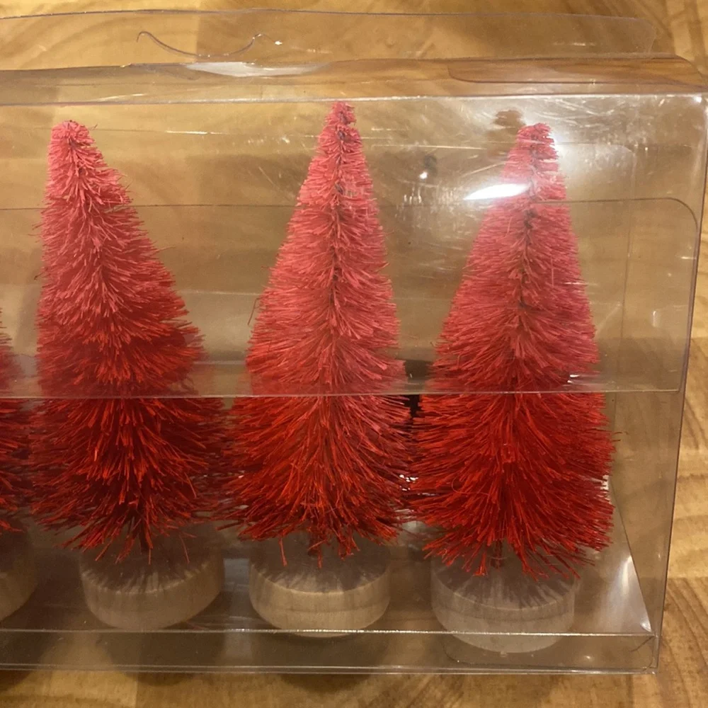 Wooden tabletop Christmas church “joy to the World” red bottle brush tree set